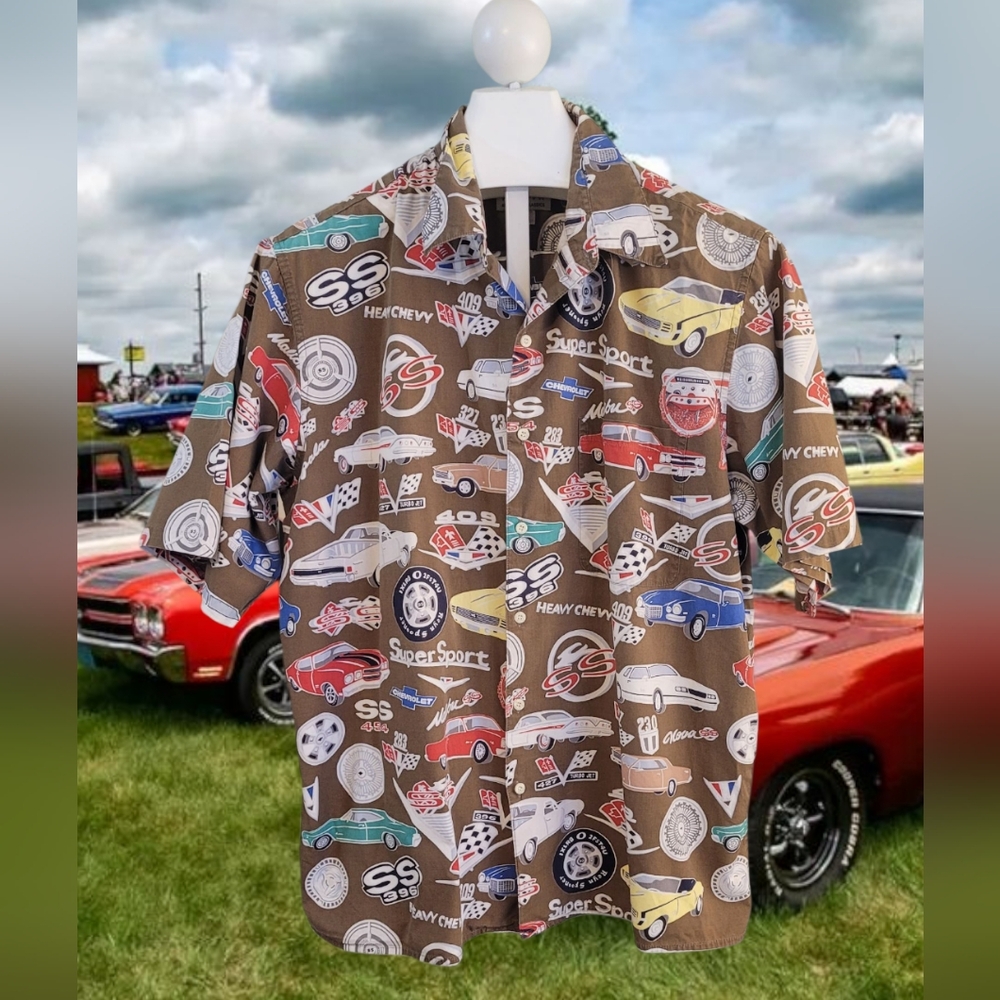 Vintage Hawaiian Brown Graphic Car Print Shirt